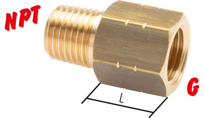 Exemplary representation: Reducing nipple with NPT thread / G thread, brass